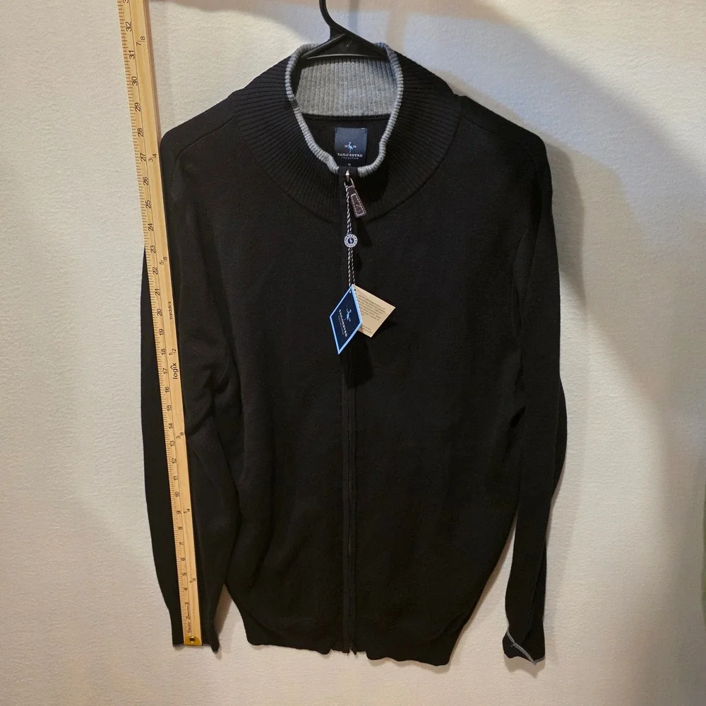 Tailorbyrd Full Zip Cardigan Men M Black Mock Neck Cotton Rayon Knit Sweater